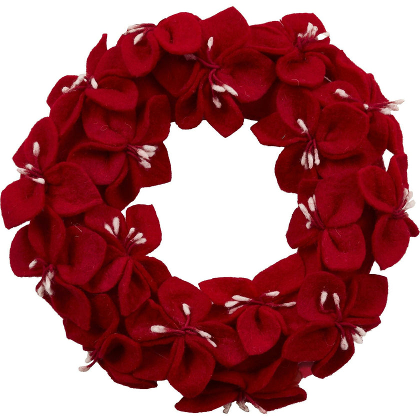 Handmade Hand Felted Wool Wreath - Red Amaryllis Flowers - 14"