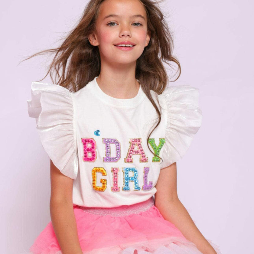 Birthday Girl Gem Ruffle Sleeve Shirt