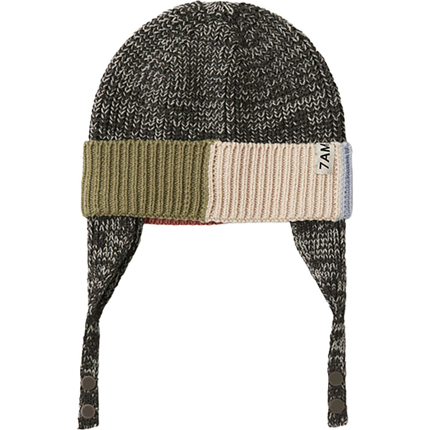 Chunky Ribbed Knit Chin Strap Snap Earflaps Elastic Fit Beanie