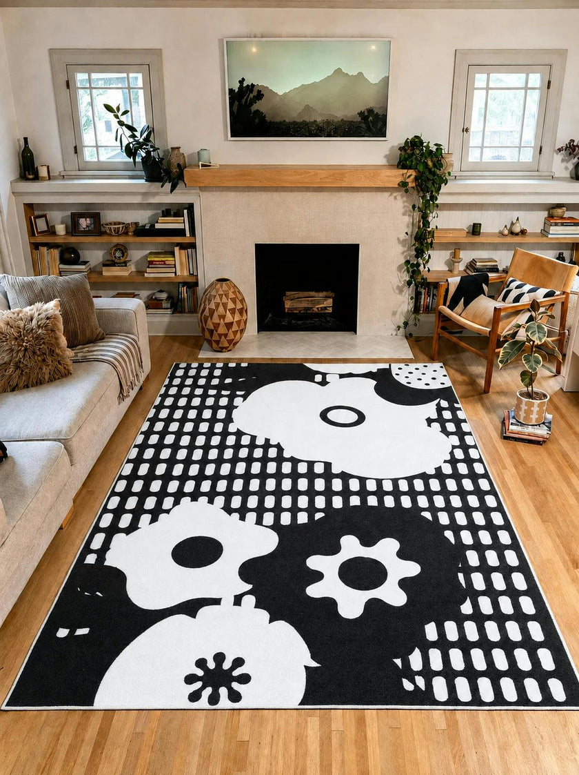 Black and White Abstract Floral Rug by Becca Franks