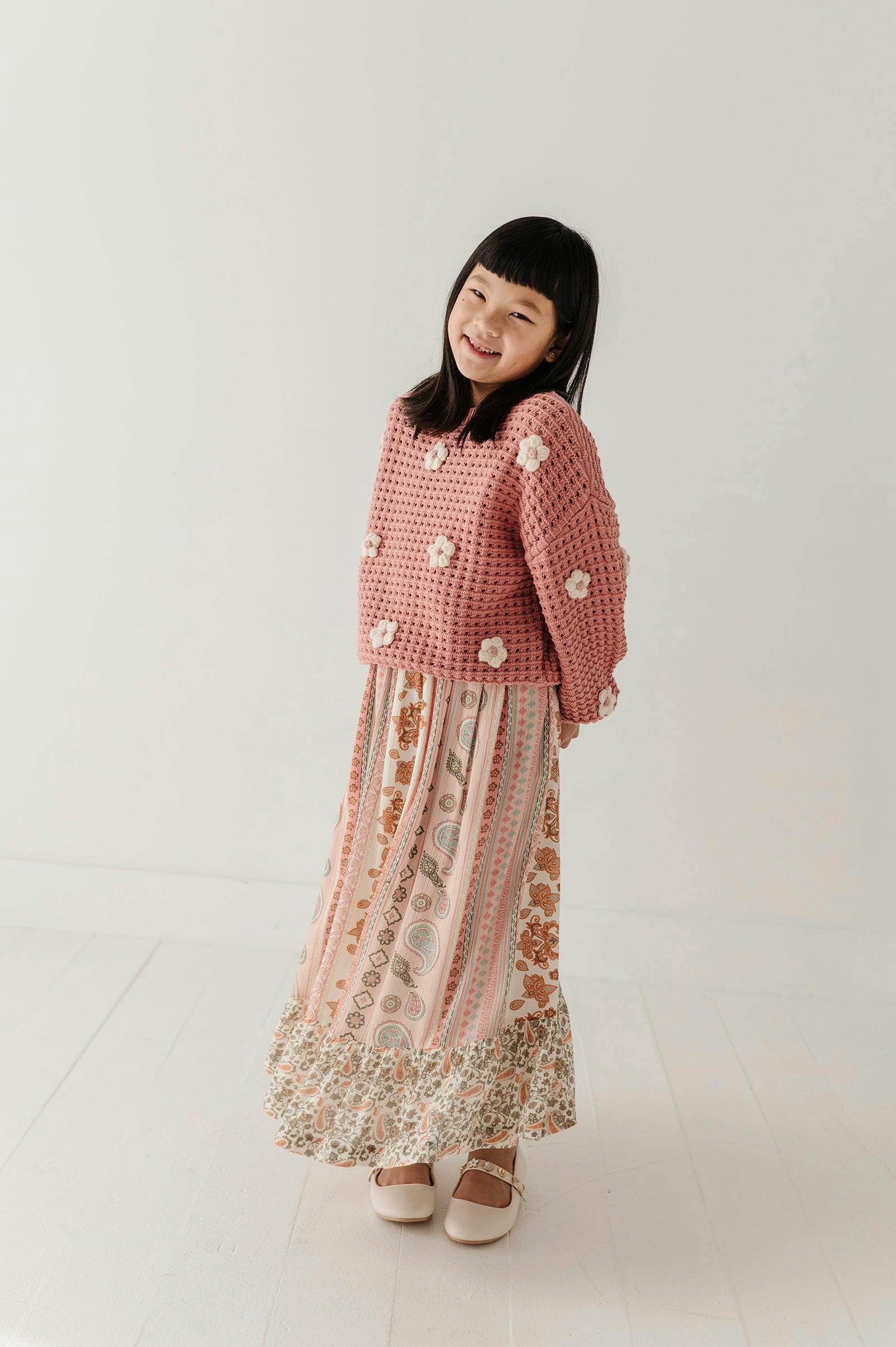 Girls Open Weave Long Sleeve Sweater in Terra Rose