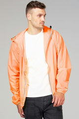 Orange fluo full zip packable rain jacket and windbreaker