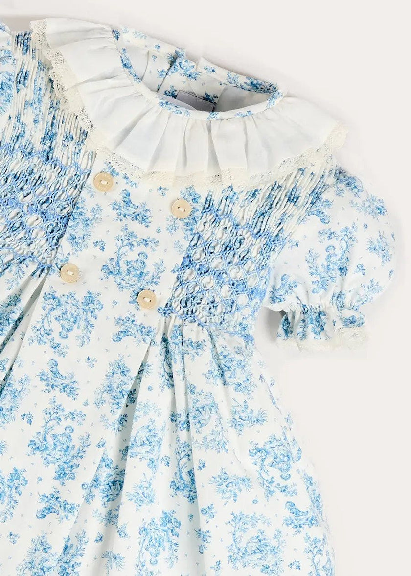 Audrey Toile Hand Smocked Ruffle Collar Short Sleeve Dress in Blue (12mths- 10yrs)
