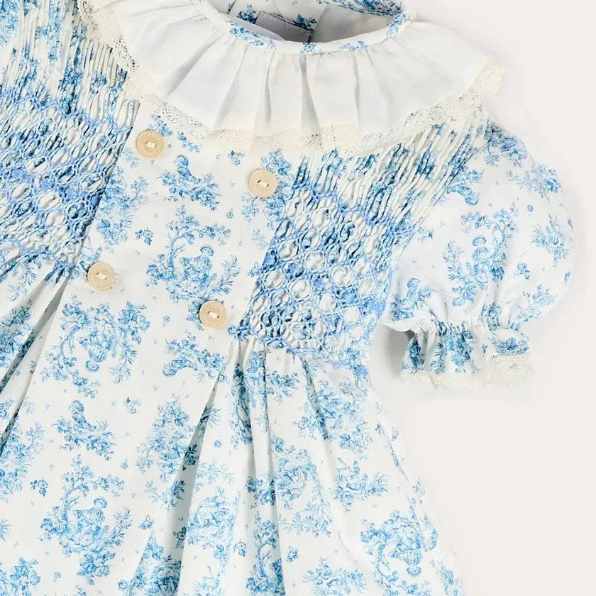 Audrey Toile Hand Smocked Ruffle Collar Short Sleeve Dress in Blue (12mths- 10yrs)