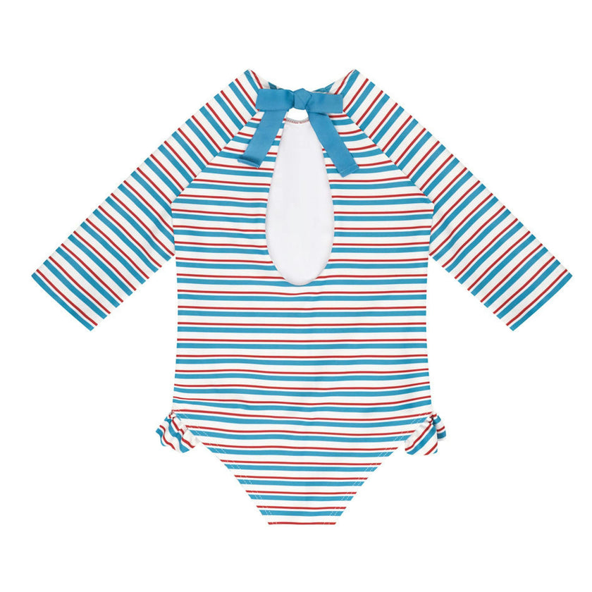 girls jetty stripe quarter sleeve rashguard one piece