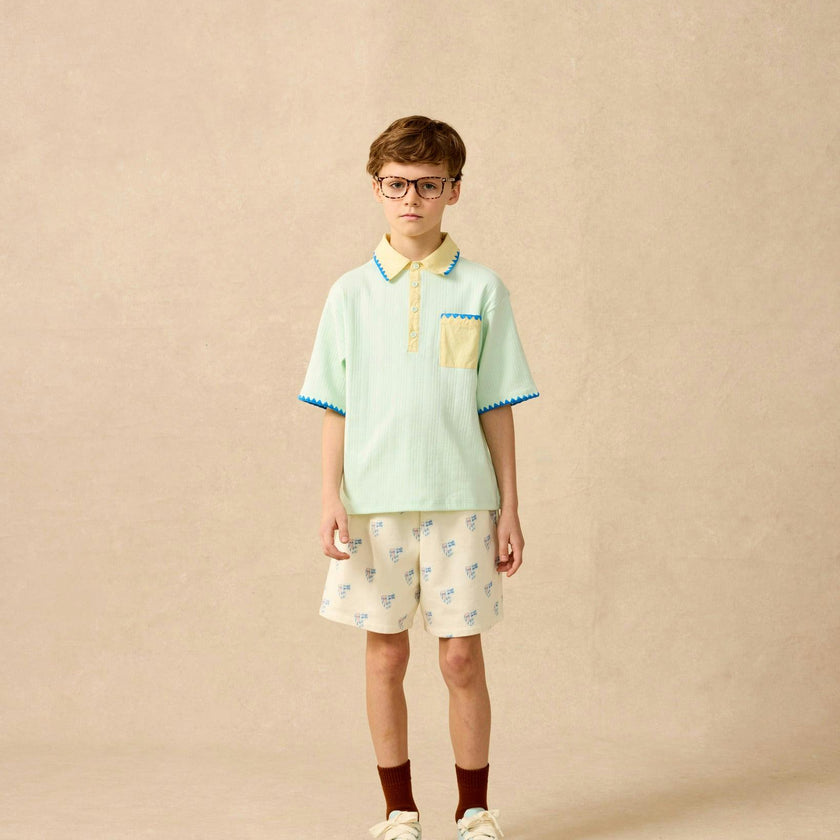 Organic Embroidered Knit Polo in Frosty Jade
