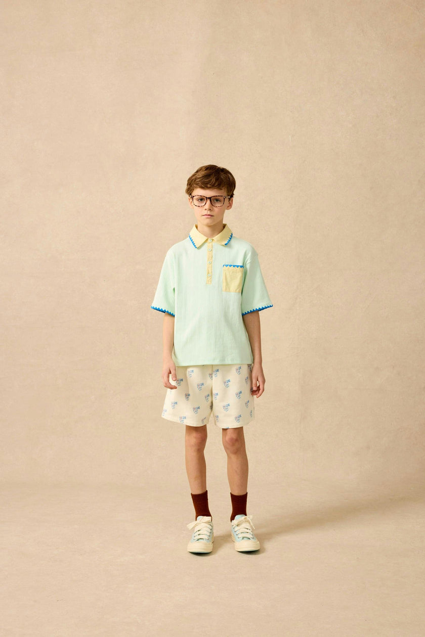 Organic Embroidered Knit Polo in Frosty Jade