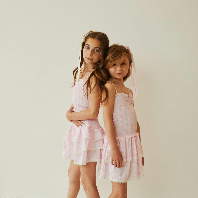 Gemma Pastel Pink & White Gingham Hearts Satin Mini Skirt