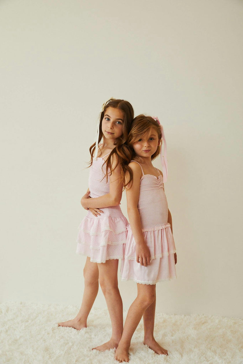 Gemma Pastel Pink & White Gingham Hearts Satin Mini Skirt
