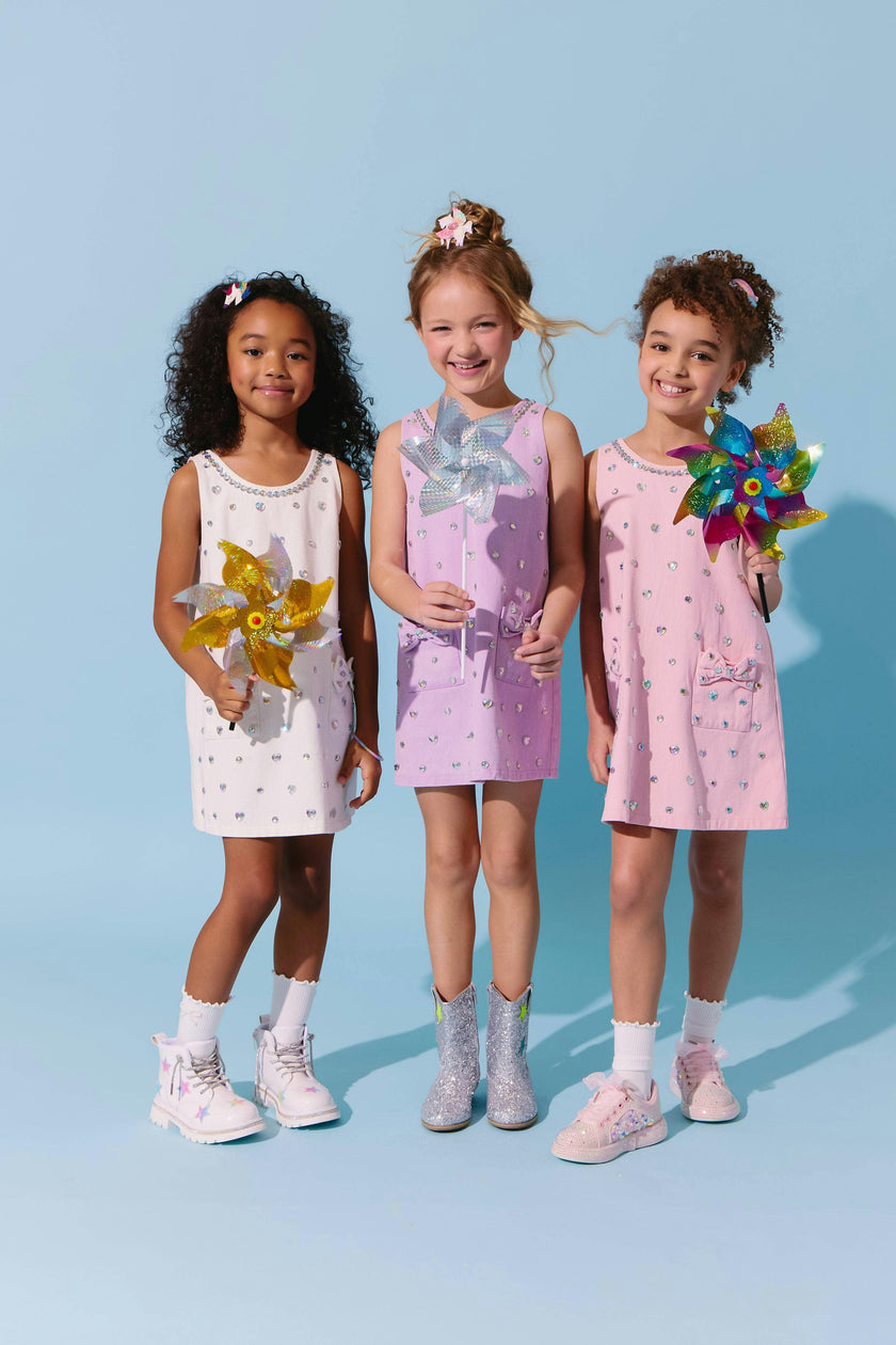 Lavender Crystal Heart Denim Bow Dress