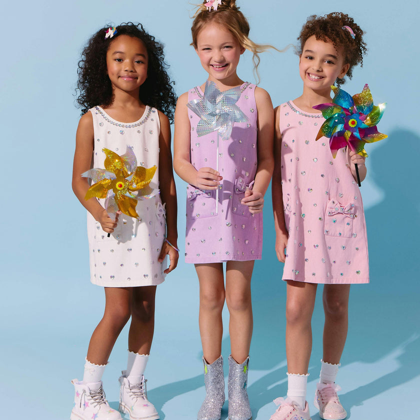 White Crystal Heart Denim Bow Dress