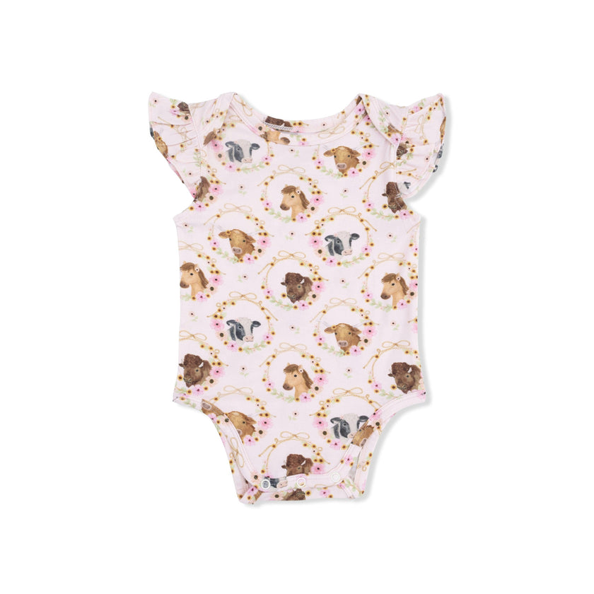 Farm Animals Floral Cameos Pink - Ruffle Sleeve Bodysuit
