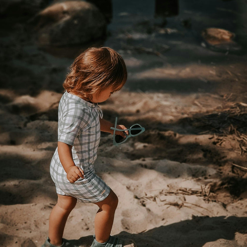 Short Sleeve Rashguard Swimsuit | UPF + Recycled - Fern Plaid