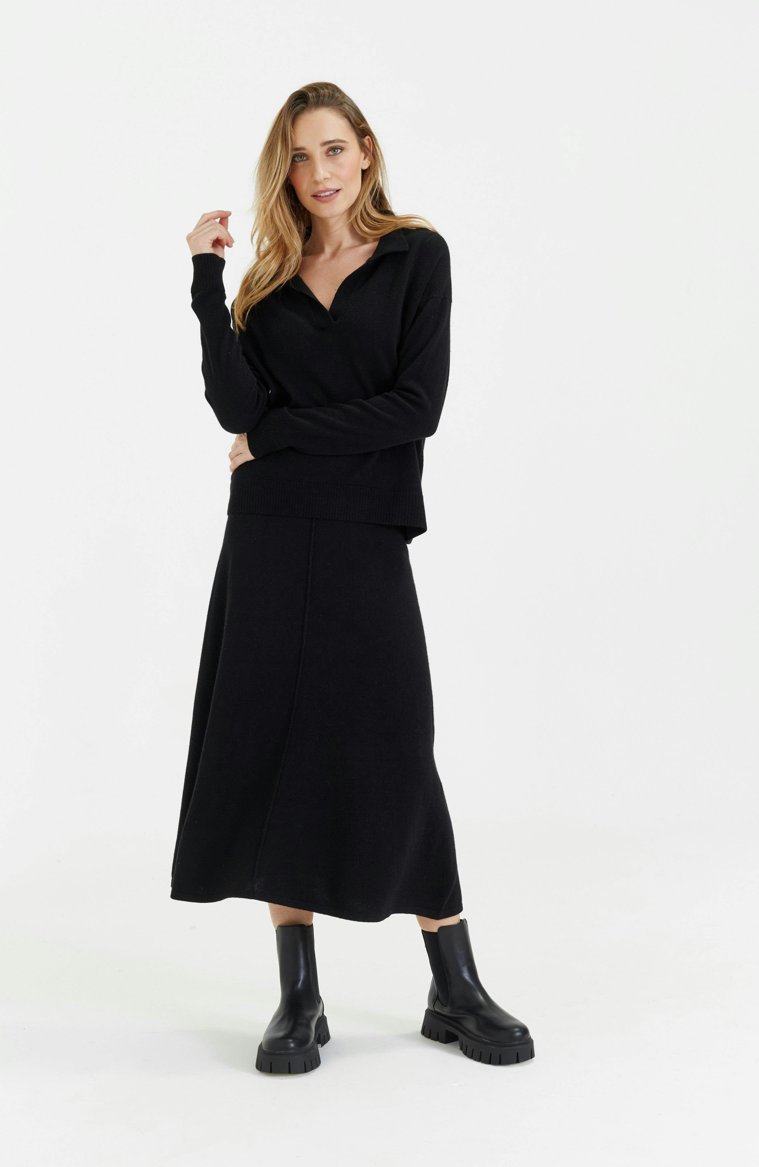 Wool Cashmere Blend V Neck Collared Sweater