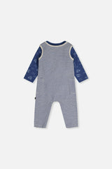 Organic Cotton Onesie With Overalls Set Blue Printed Transportation