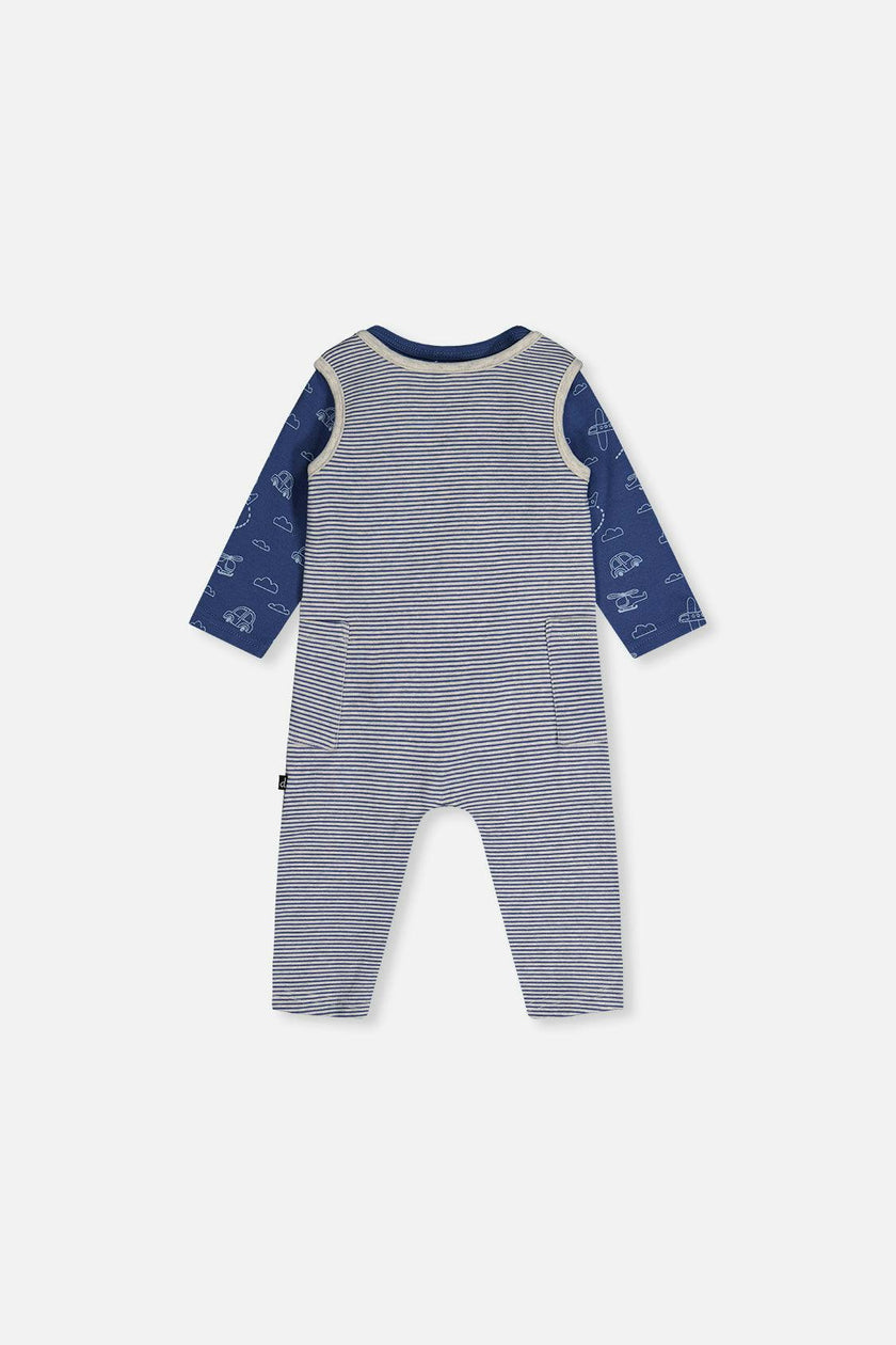 Organic Cotton Onesie With Overalls Set Blue Printed Transportation