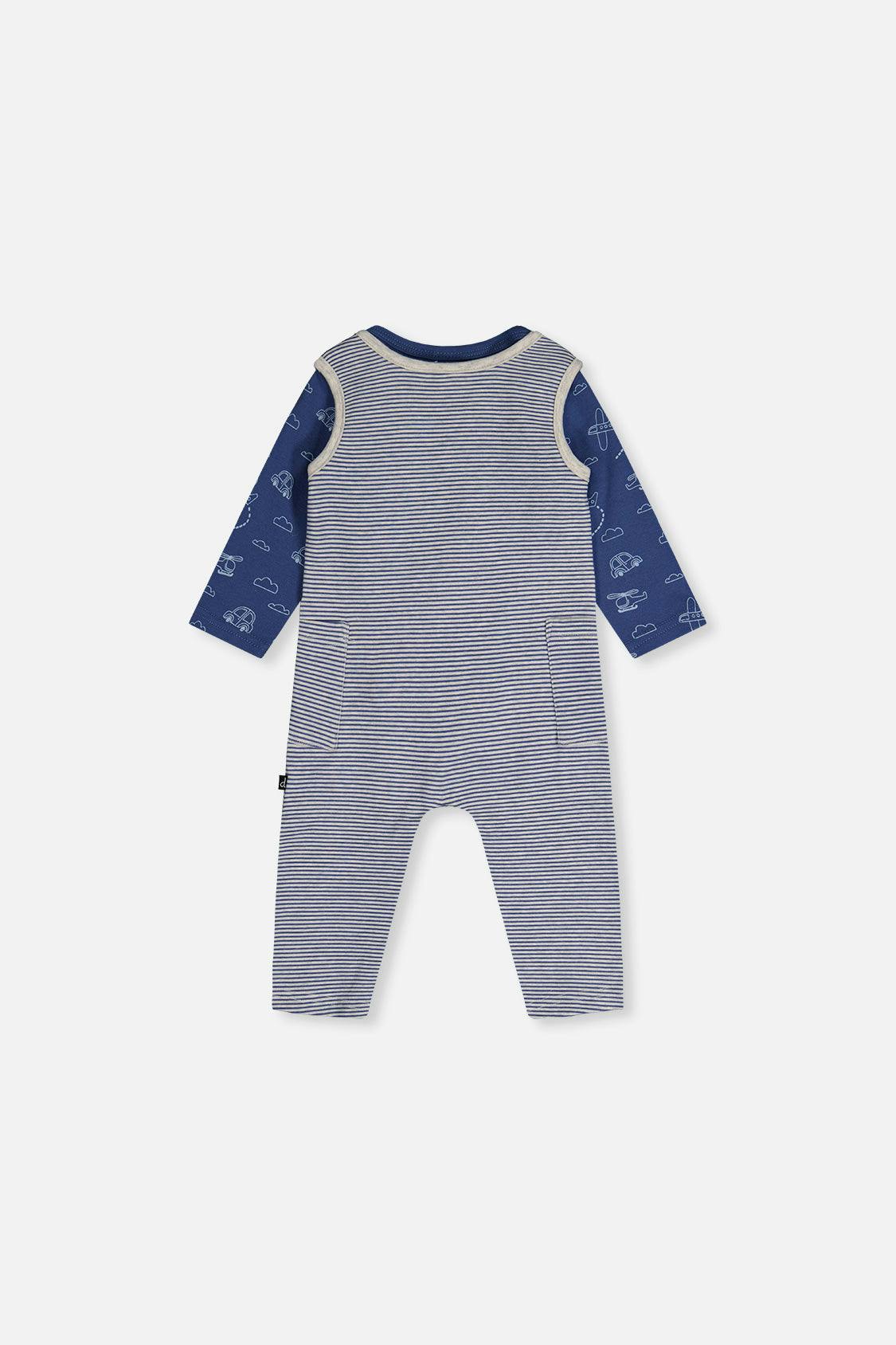 Organic Cotton Onesie With Overalls Set Blue Printed Transportation