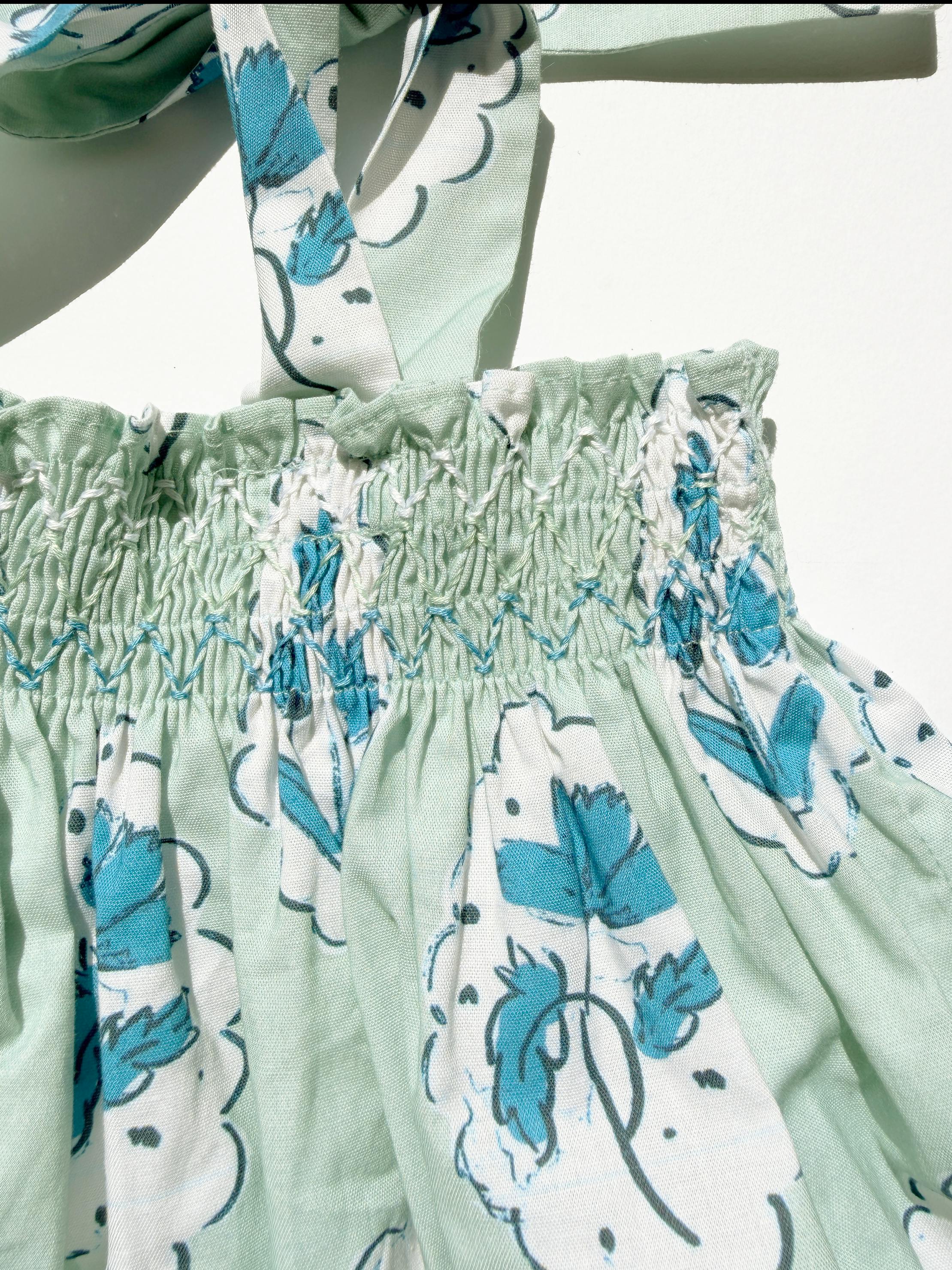 Teatime Dress | Smocked Tie Top | Medallion Flower Blue