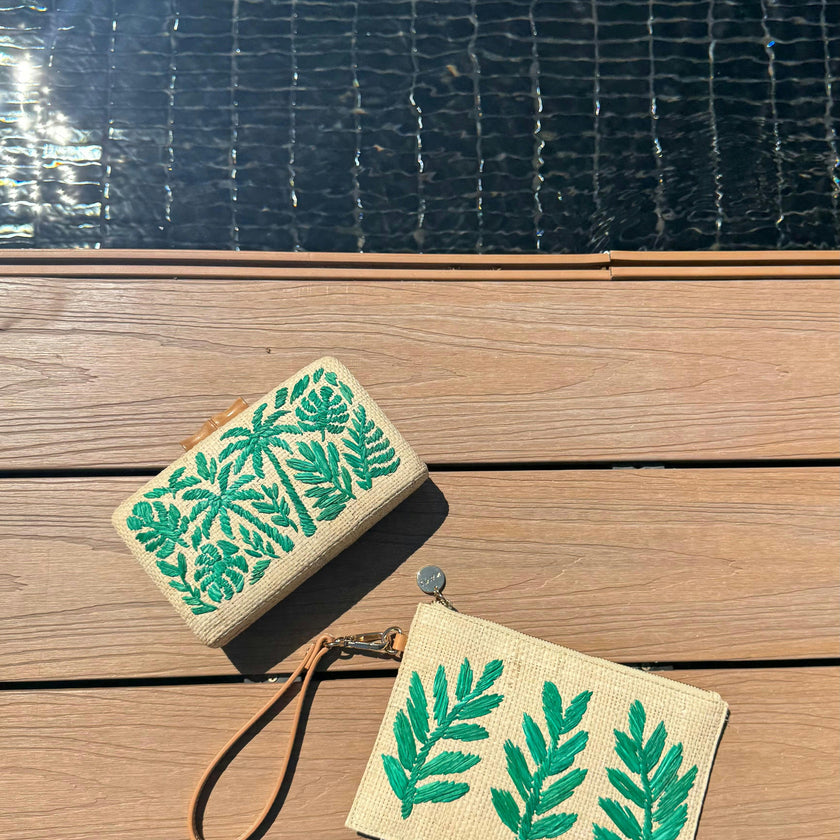 Monstera Straw Pouch Wristlet Bag