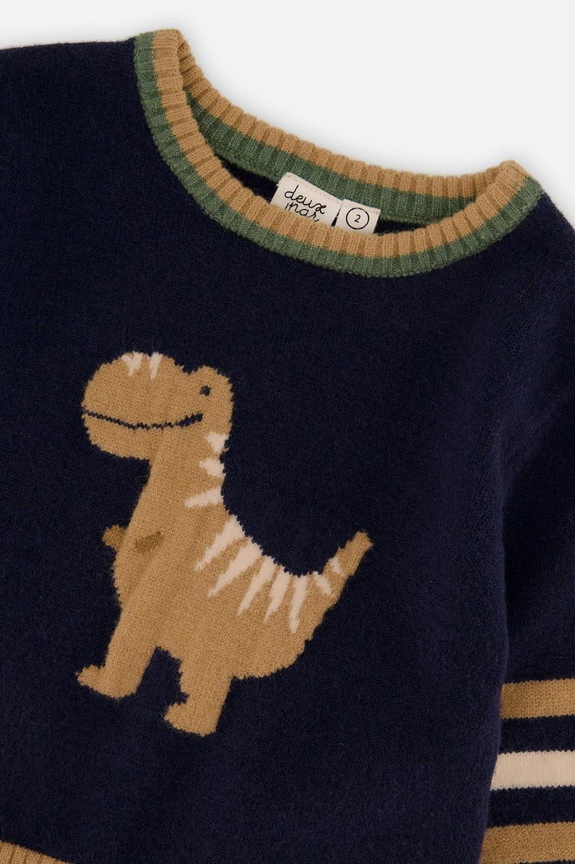Baby Knit Sweater With Intarsia Dark Blue, Brown And Beige