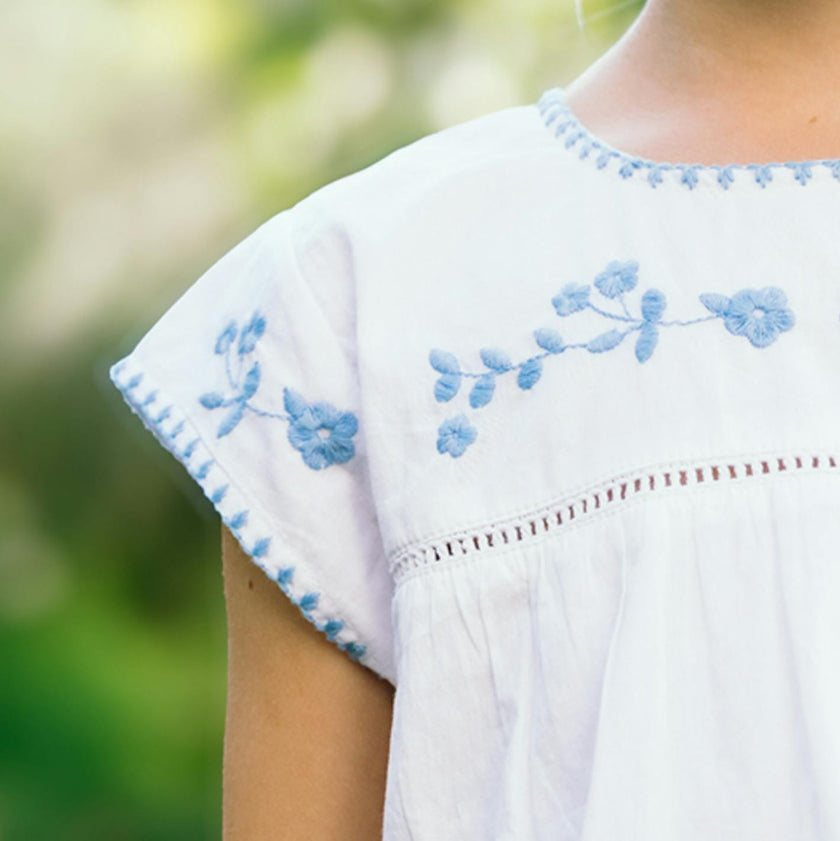 girls white embroidered cap sleeve top and short set