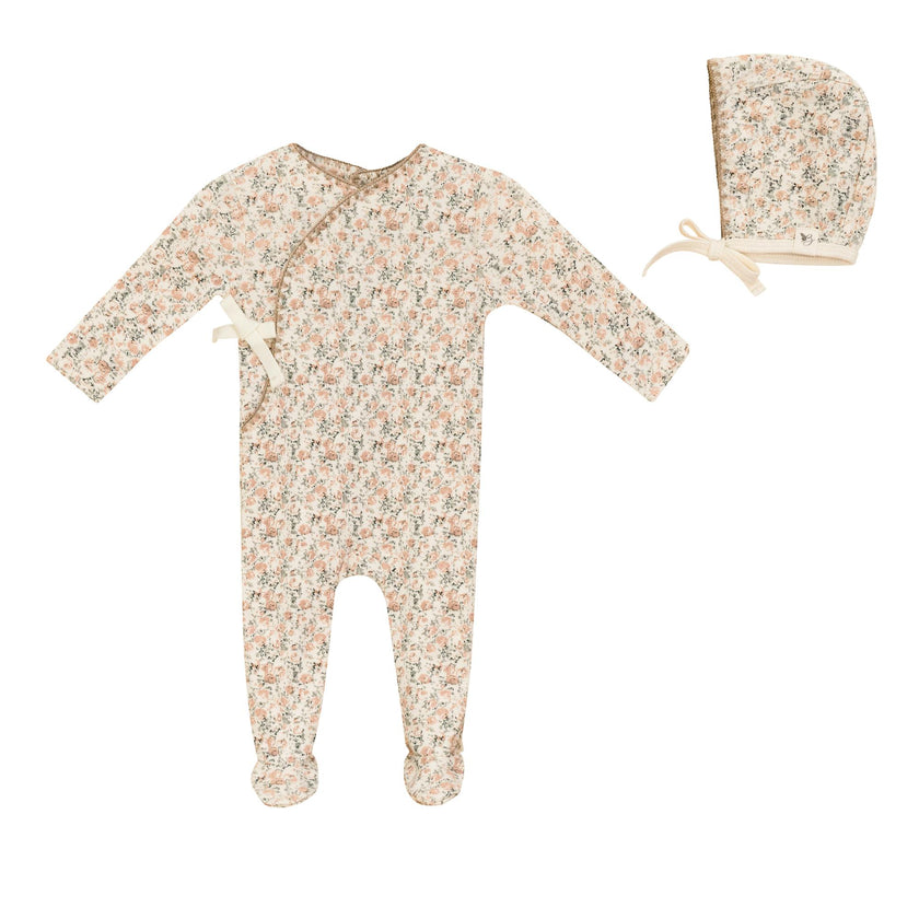 Floral Ribbed Wrap Romper and Hat Two Piece Set