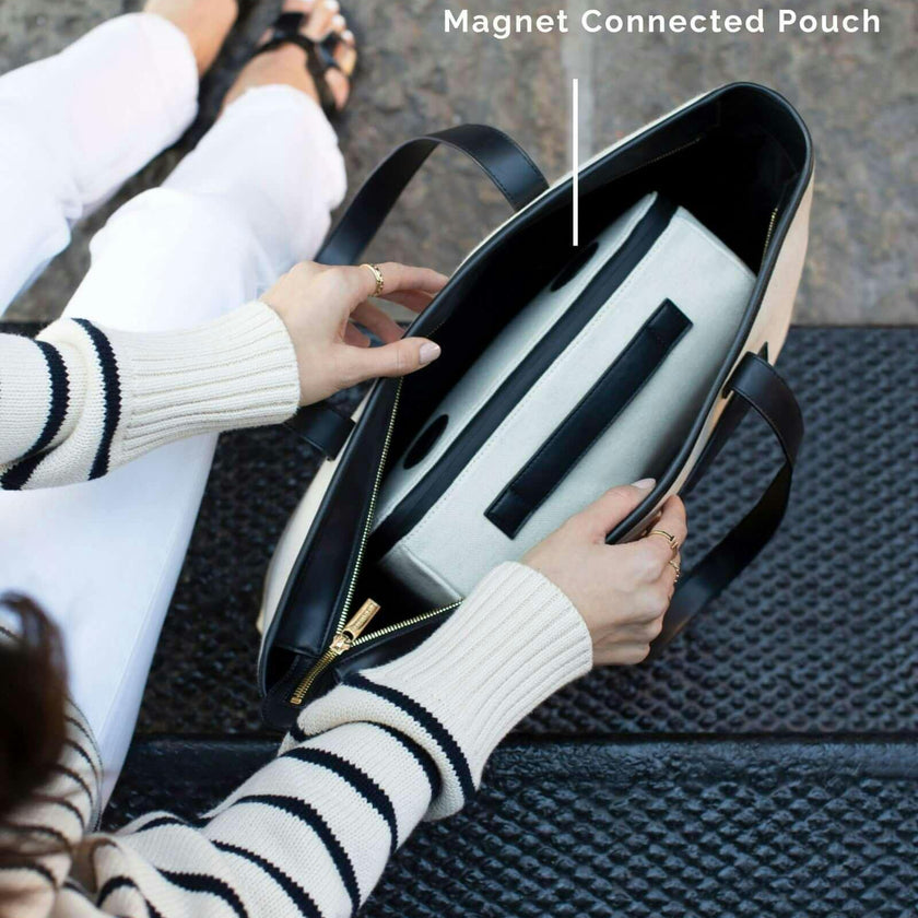 Vegan Leather Work Tote Bag with Removable Insulated Pouch, Black Canvas