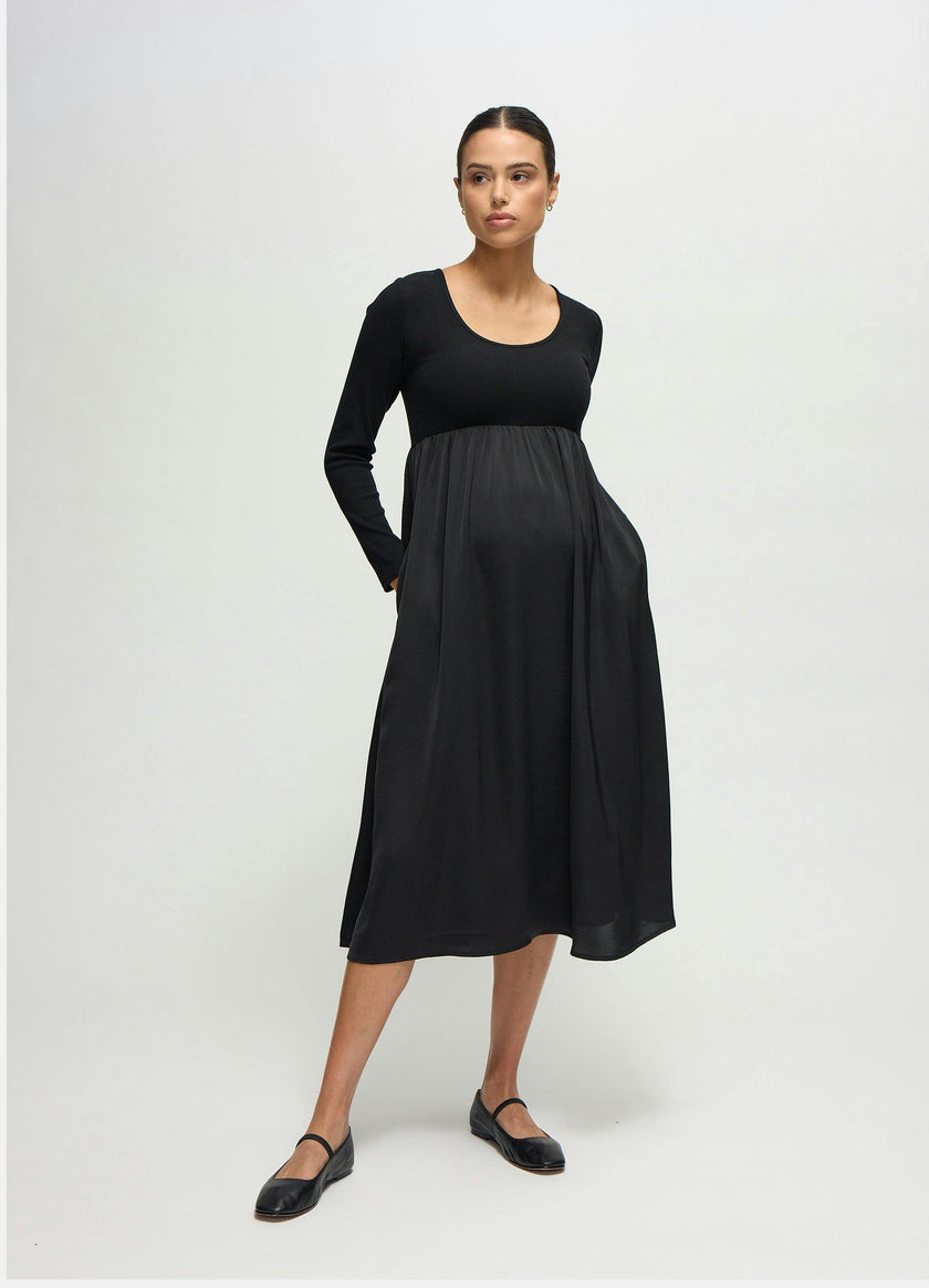 Long Sleeve Knit to Woven Maternity Nursing Midi Dress