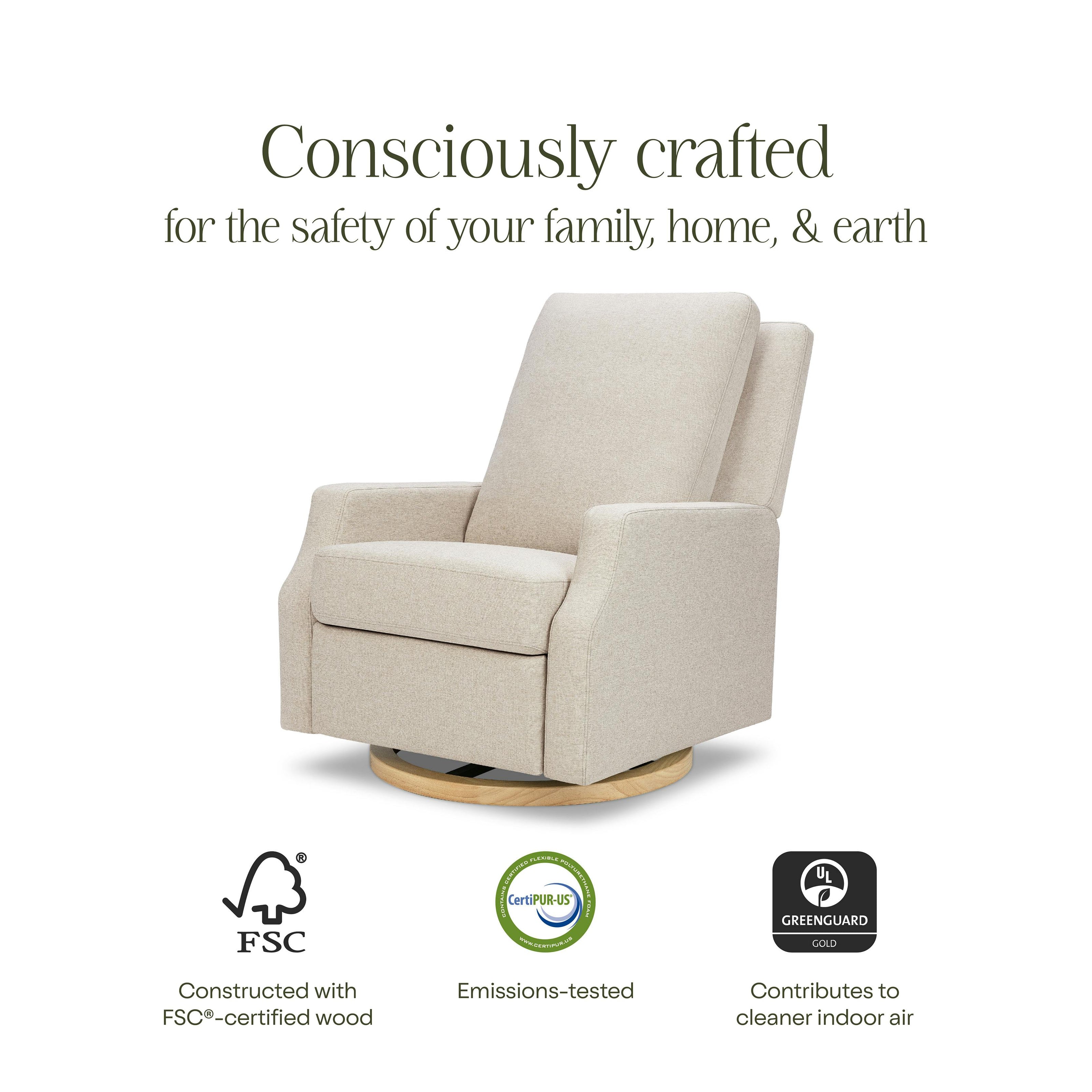 Crewe Electronic Recliner and Swivel Glider in Eco-Performance Fabric | Water Repellent & Stain Resistant in Performance Beach Eco-Weave with Light Wood Base