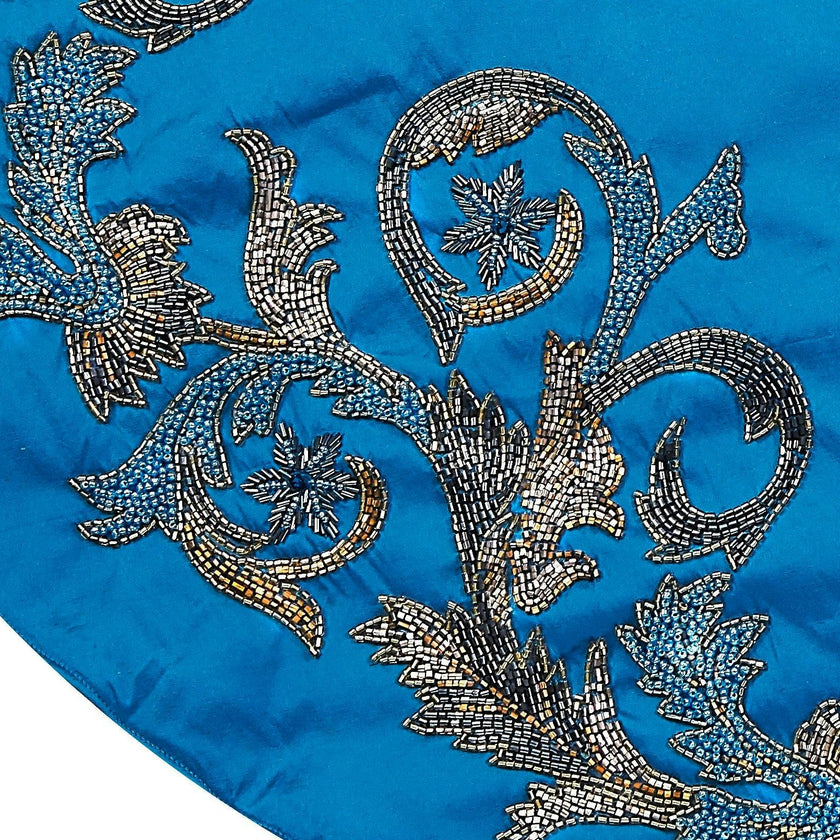 Hand Beaded Imperial Blue Silk Christmas Tree Skirt Blue 60" / 72" Arcadia Home