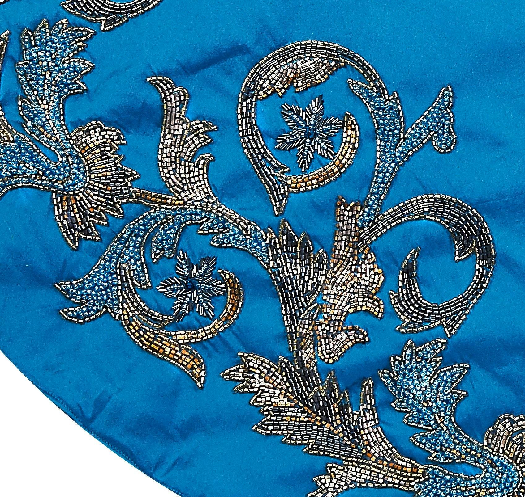 Hand Beaded Imperial Blue Silk Christmas Tree Skirt Blue 60