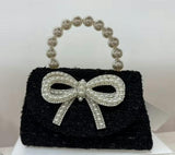Tweed Black Purse Pearl Bow, Black