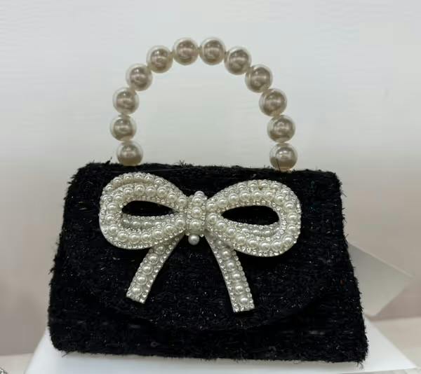 Tweed Black Purse Pearl Bow, Black