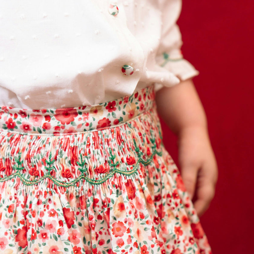 Marie Red Floral Smocked Skirt and Blouse Set