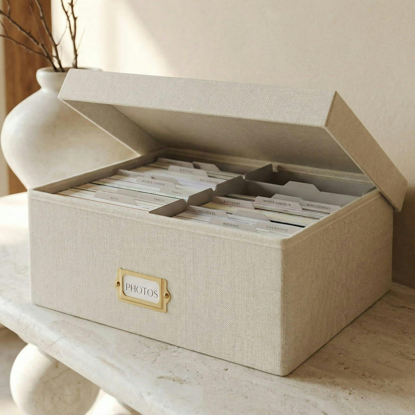 Decorative Photo Storage Box - Sturdy Linen Photo Organizer with Dividers - Stores Up to 850 4x6 Photos - Portable Scrapbook Storage Container with Lid