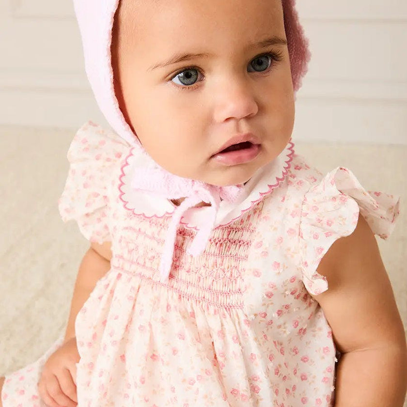 Martha Floral Hand Smocked Cap Sleeve Scallop Collar Dress in Pink (1-9mths)