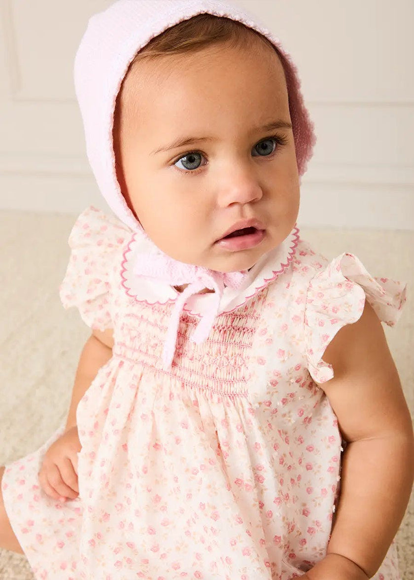 Martha Floral Hand Smocked Cap Sleeve Scallop Collar Dress in Pink (1-9mths)