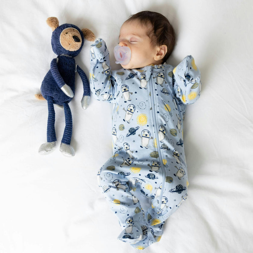 Print Zipped Long Sleeve Footed Onesie