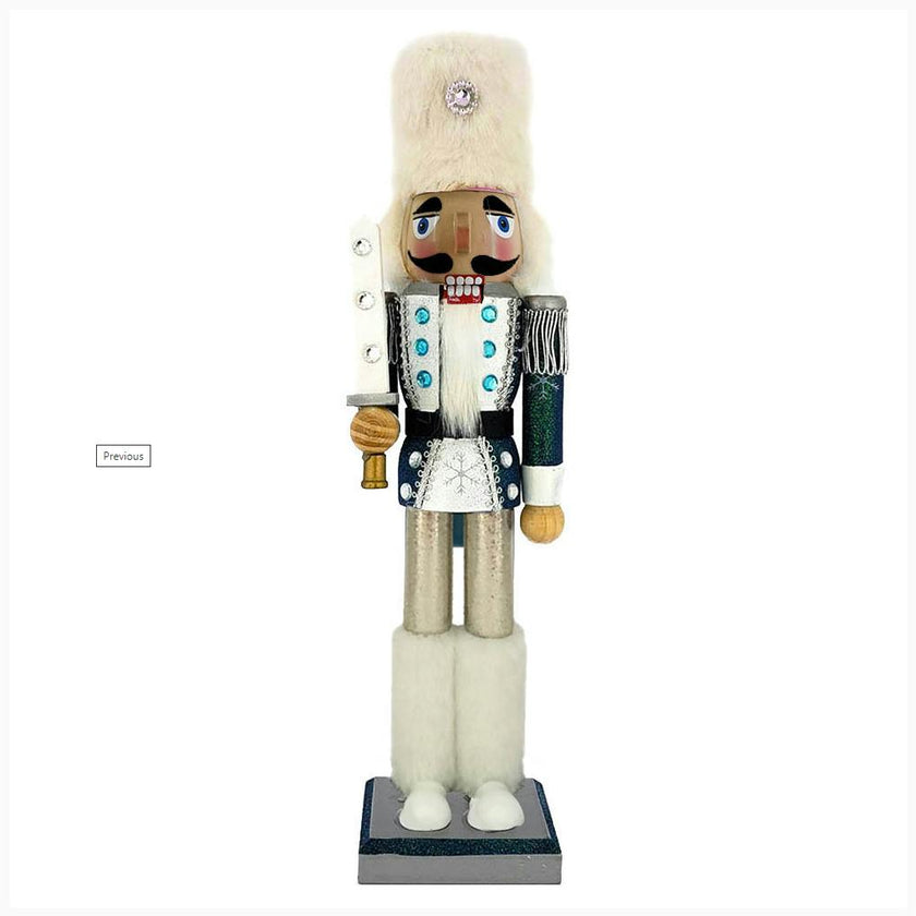 Snow Fantasy Soldier Nutcracker White and Blue Fur Hat 15 inch