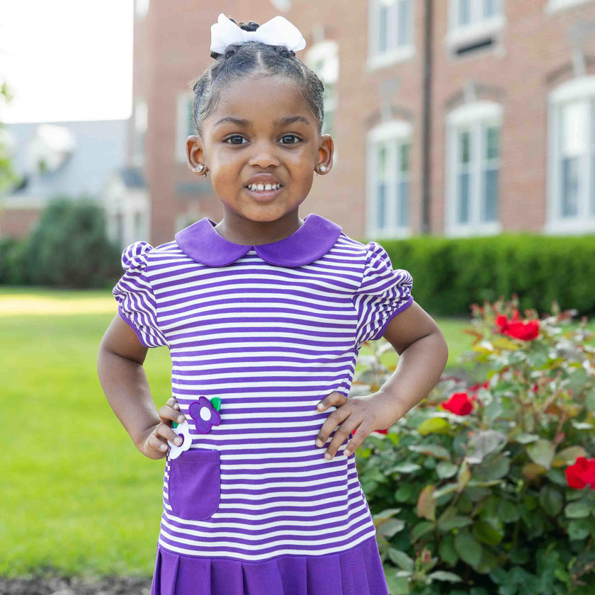 Stripe Knit Pleated Dress With Flowers