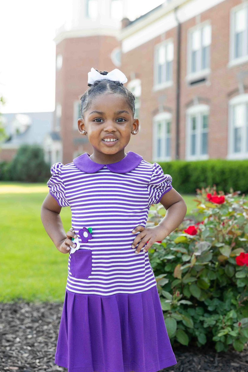 Stripe Knit Pleated Dress With Flowers