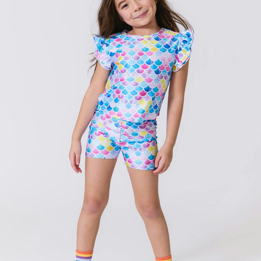Girls Hi-Shine Ruffle Crop Top in Watercolor Mermaid