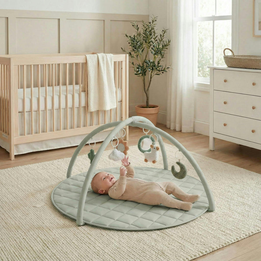 Beautiful Baby Play Gym - Soft Cotton Mat with 6 Cute Toys Creates The Perfect Activity Area for Your Girl/Boy - Stylish Infant Floor Playmat for Playroom