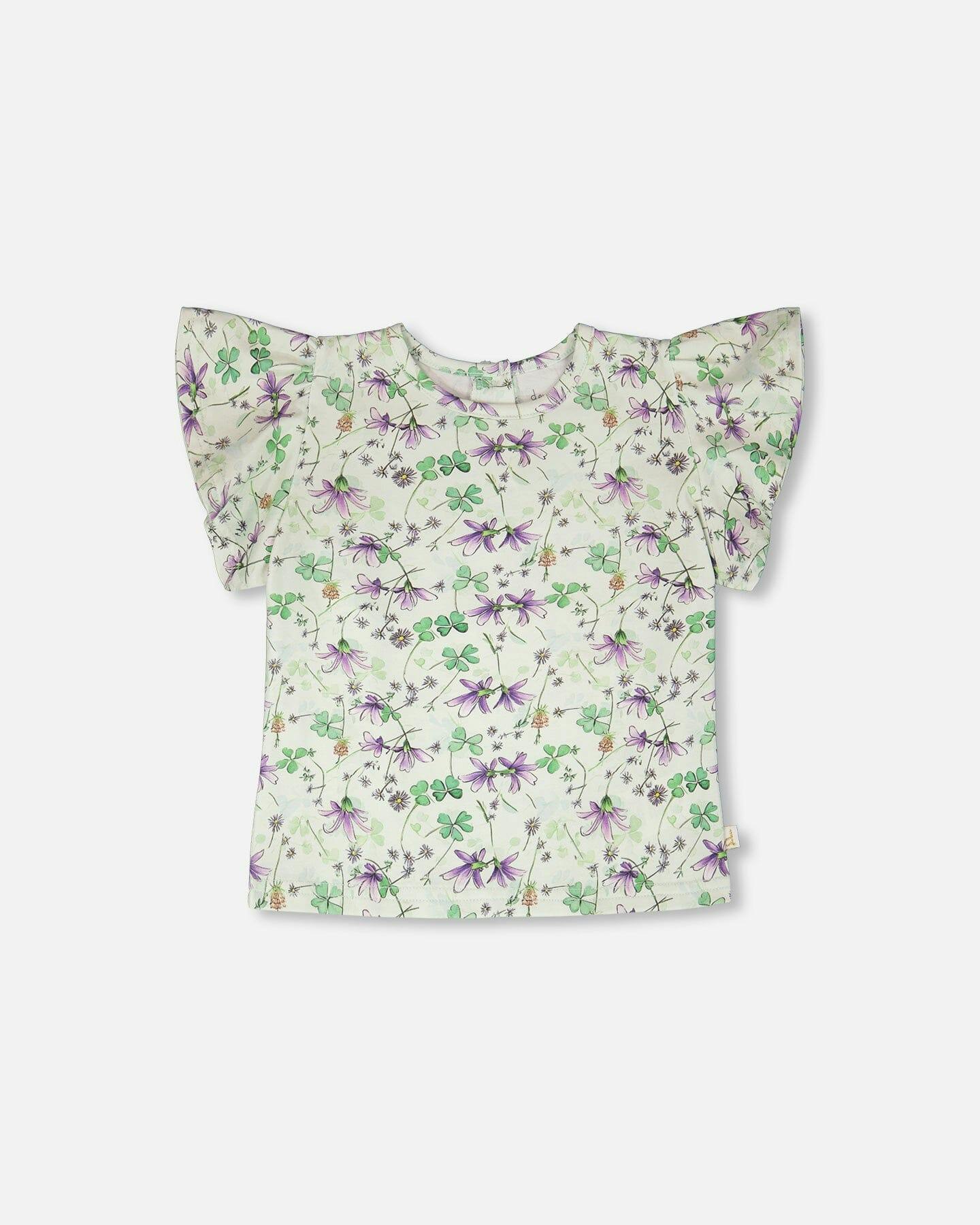 Jersey T-Shirt Green Printed Flowers