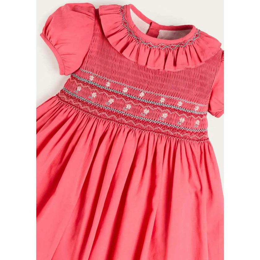 Hand Smocked Flower Embroidered Dress in Strawberry (12mths- 10yrs)