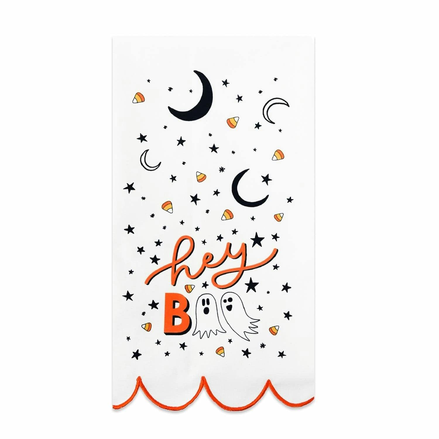 Hey Boo Halloween Tea Towel - Scalloped Orange Trim Kitchen Dish Towel with Ghost Print, 20x25 Inch