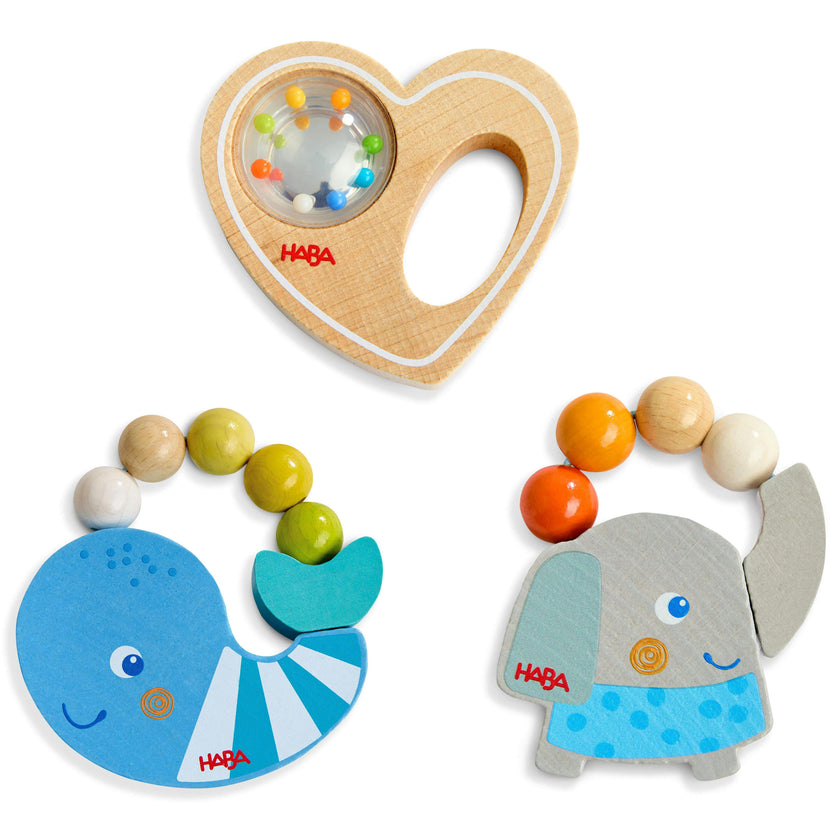 Baby Bundle - 3 Wooden Grasping Rattles (Heart, Whale & Elephant)