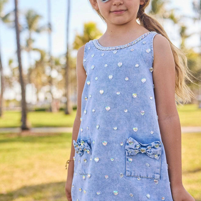 Crystal Heart Denim Bow Dress