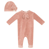 Stitch Velour Bow Detail Snap Front Romper and Hat Two Piece Set