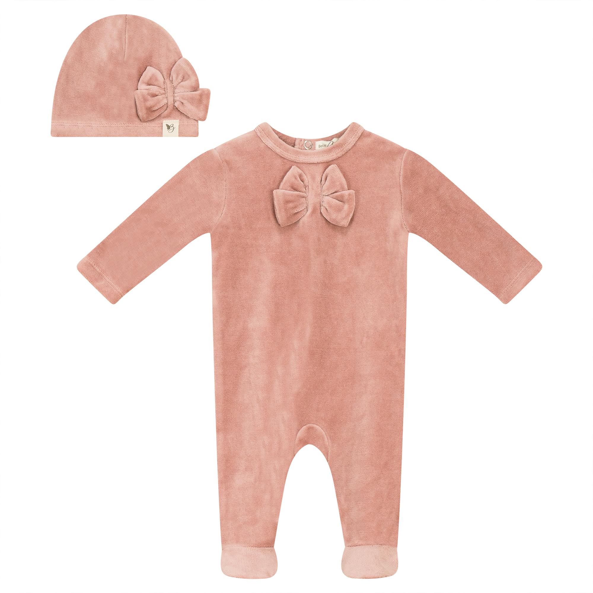 Stitch Velour Bow Detail Snap Front Romper and Hat Two Piece Set